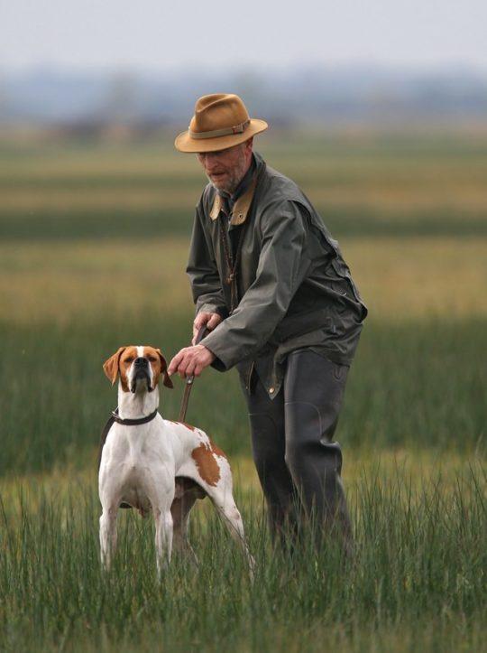 un chasseur et son chien pointer