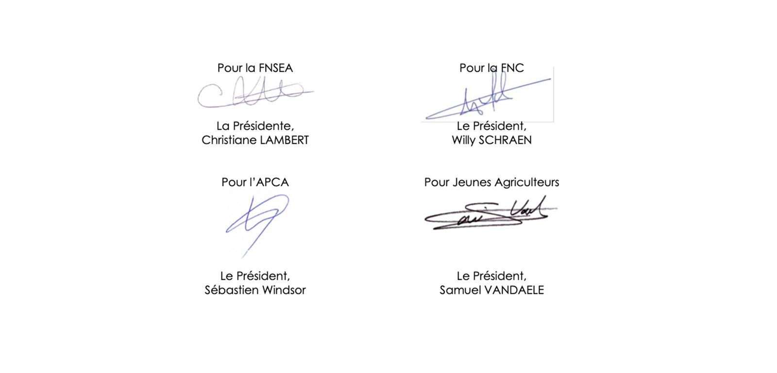 Signatures de la FNC, la FNSEA, l'APCA et les Jeunes agriculteurs