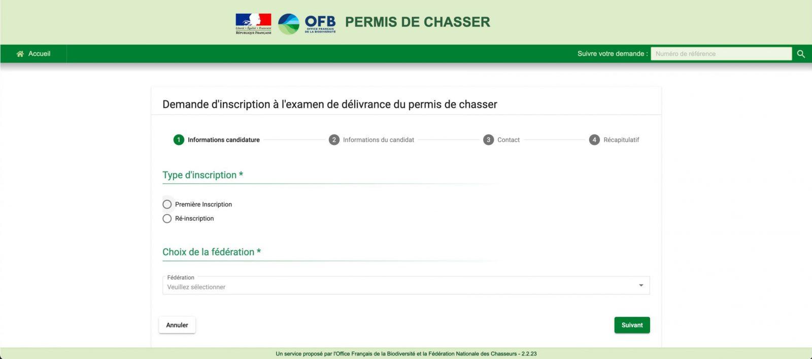 Nouveauté 2023 - demandes d'inscription à l'examen du permis de chasser